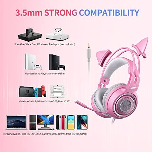 SOMIC G951s Pink Gaming Headset with Mic for PS4, Xbox, PC, Mobile Phone, 3.5mm Cat Headphones Noise Reduction Over Ear Headphones with Detachable Cat Ear for Girls Woman