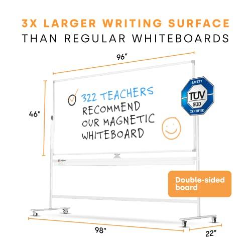 Magnetic Dry Erase White Board - Extra Large Rolling Whiteboard with Stand for Wall - Stain Resistant Double Sided Adjustable Portable Easel - Writing Supplies for Office, School, Classroom, College