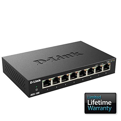 D-Link Ethernet Switch, 8 Port Gigabit Unmanaged Metal Fanless Desktop or Wall Mount Design (DGS-108)