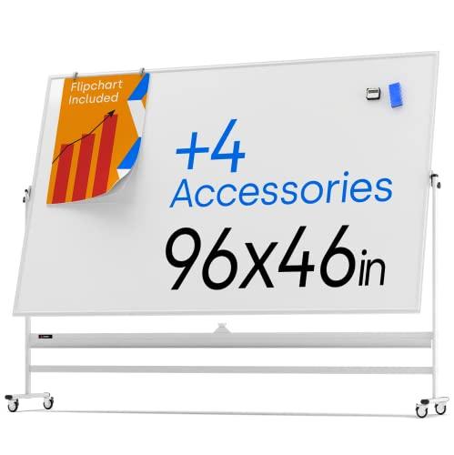 Magnetic Dry Erase White Board - Extra Large Rolling Whiteboard with Stand for Wall - Stain Resistant Double Sided Adjustable Portable Easel - Writing Supplies for Office, School, Classroom, College