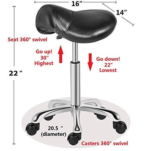 Kaleurrier Saddle Stool Rolling Swivel Height Adjustable with Wheels,Heavy Duty Stool,Ergonomic Stool Chair for Lab,Clinic,Dentist,Salon,Massage,Office and Home Kitchen (Black, Without Back)