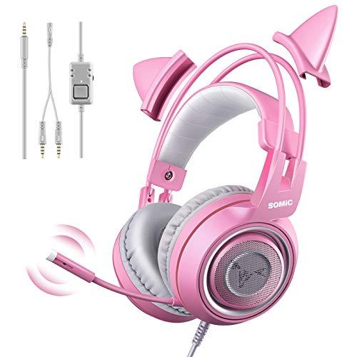 SOMIC G951s Pink Gaming Headset with Mic for PS4, Xbox, PC, Mobile Phone, 3.5mm Cat Headphones Noise Reduction Over Ear Headphones with Detachable Cat Ear for Girls Woman