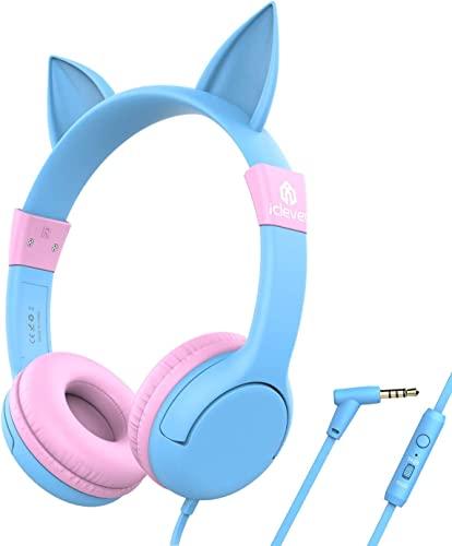 iClever Boostcare Kids Headphones with Microphone, 85/94dB Volume Control, Cat Ear Hello Kitty Headphones for Boys Girls, Childrens Headphones for School/Travel/Tablet/E-Learning/iPad, Blue Pink