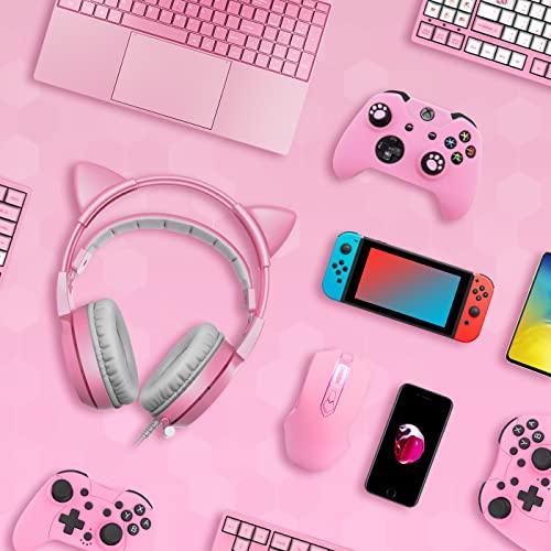 SOMIC G951s Pink Gaming Headset with Mic for PS4, Xbox, PC, Mobile Phone, 3.5mm Cat Headphones Noise Reduction Over Ear Headphones with Detachable Cat Ear for Girls Woman