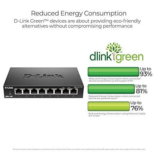 D-Link Ethernet Switch, 8 Port Gigabit Unmanaged Metal Fanless Desktop or Wall Mount Design (DGS-108)
