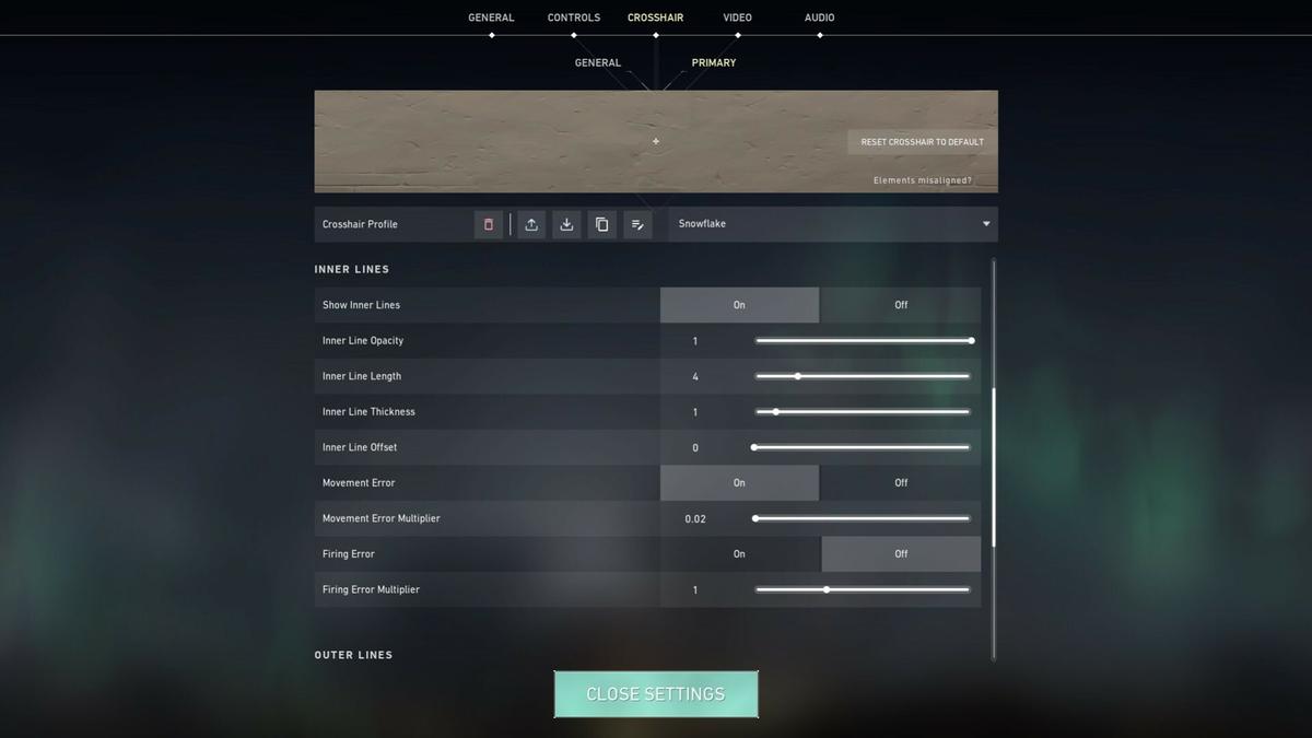 Valorant Crosshair Settings Menu