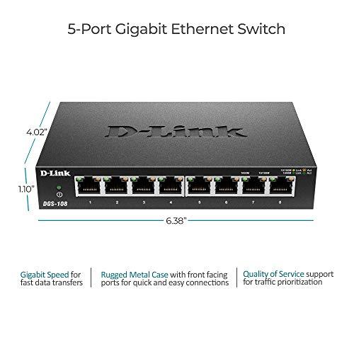D-Link Ethernet Switch, 8 Port Gigabit Unmanaged Metal Fanless Desktop or Wall Mount Design (DGS-108)