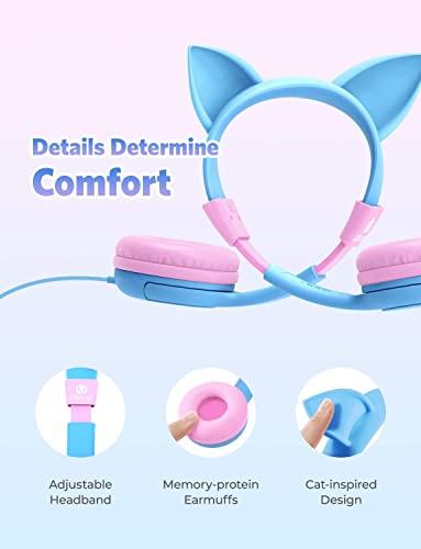 iClever Boostcare Kids Headphones with Microphone, 85/94dB Volume Control, Cat Ear Hello Kitty Headphones for Boys Girls, Childrens Headphones for School/Travel/Tablet/E-Learning/iPad, Blue Pink