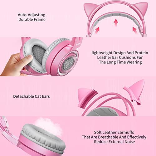 SOMIC G951s Pink Gaming Headset with Mic for PS4, Xbox, PC, Mobile Phone, 3.5mm Cat Headphones Noise Reduction Over Ear Headphones with Detachable Cat Ear for Girls Woman