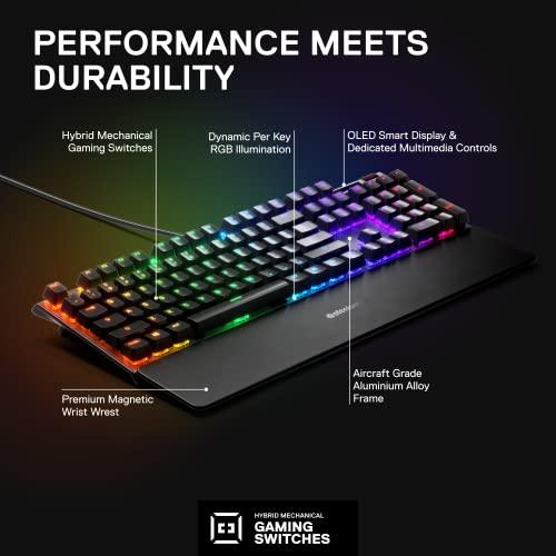 SteelSeries Apex 5 Hybrid Mechanical Gaming Keyboard – Per-Key RGB Illumination – Aircraft Grade Aluminum Alloy Frame – OLED Smart Display (Hybrid Blue Switch)