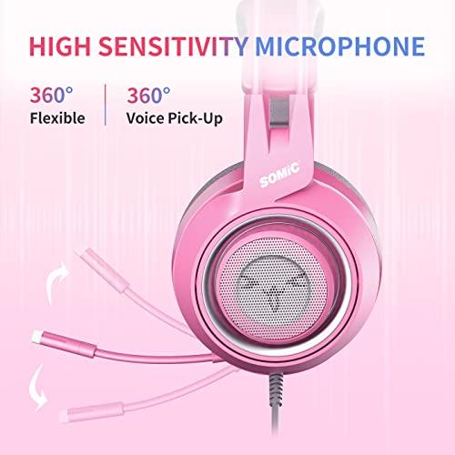 SOMIC G951s Pink Gaming Headset with Mic for PS4, Xbox, PC, Mobile Phone, 3.5mm Cat Headphones Noise Reduction Over Ear Headphones with Detachable Cat Ear for Girls Woman