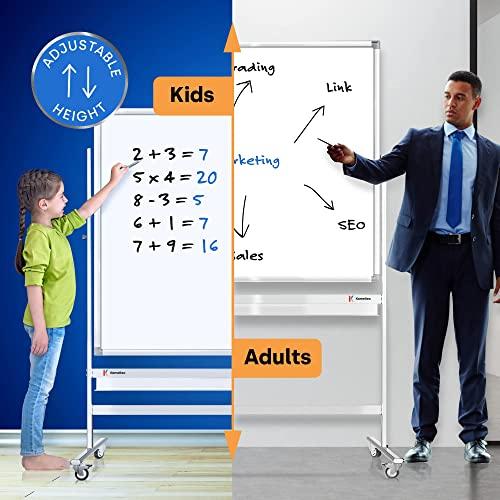 Magnetic Dry Erase White Board - Extra Large Rolling Whiteboard with Stand for Wall - Stain Resistant Double Sided Adjustable Portable Easel - Writing Supplies for Office, School, Classroom, College