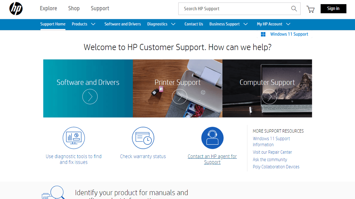 HP Customer Support website
