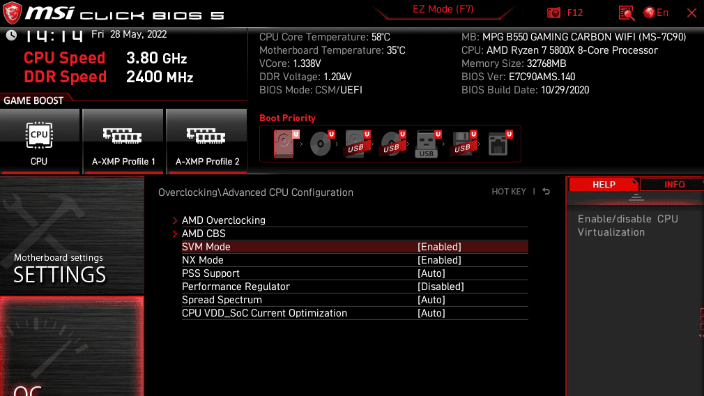 Enable SVM mode on a MSI motherboard
